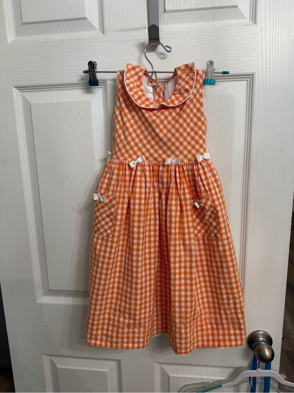 Strasburg Girls 4Y Orange Gingham Dress Cottagecore Pinafore Bows Pockets